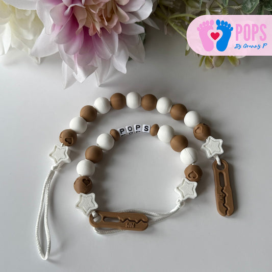 POPS Dummy Clip - Cappuccino & White Stars & Hearts - Can be personalised