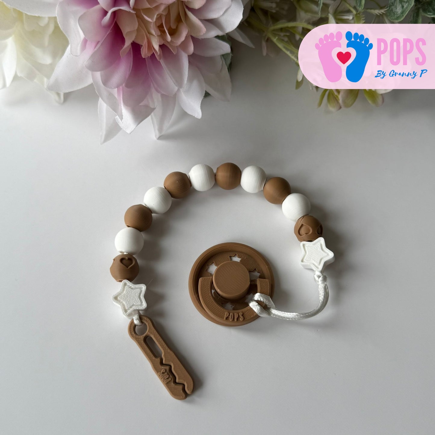 POPS Dummy Clip - Cappuccino & White Stars & Hearts - Can be personalised