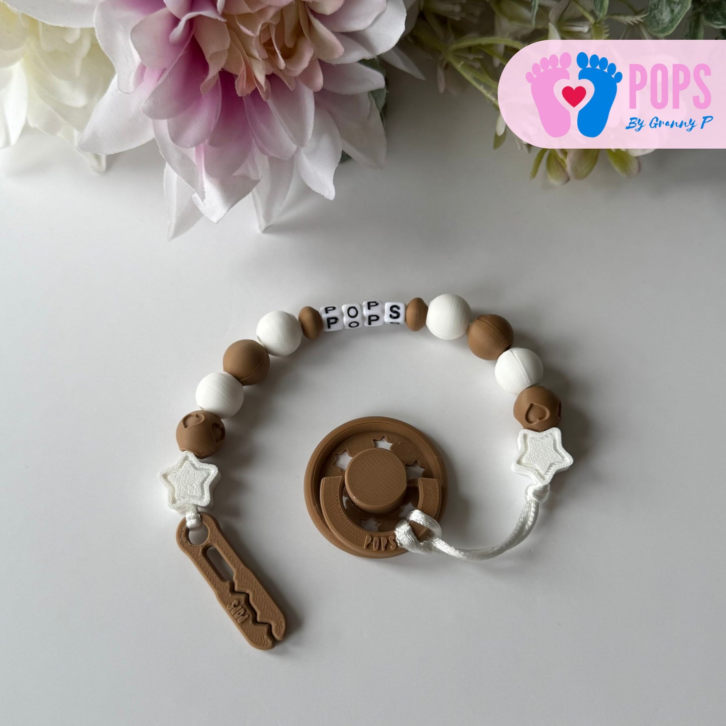 POPS Dummy Clip - Cappuccino & White Stars & Hearts - Can be personalised