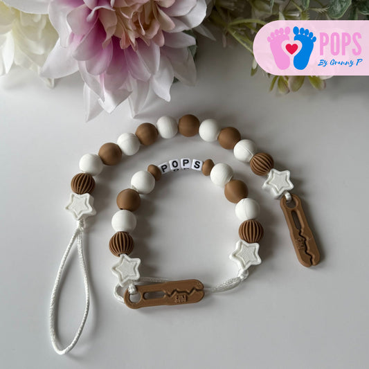 POPS Dummy Clip - Cappuccino & White Stars & Lanterns - Can be personalised