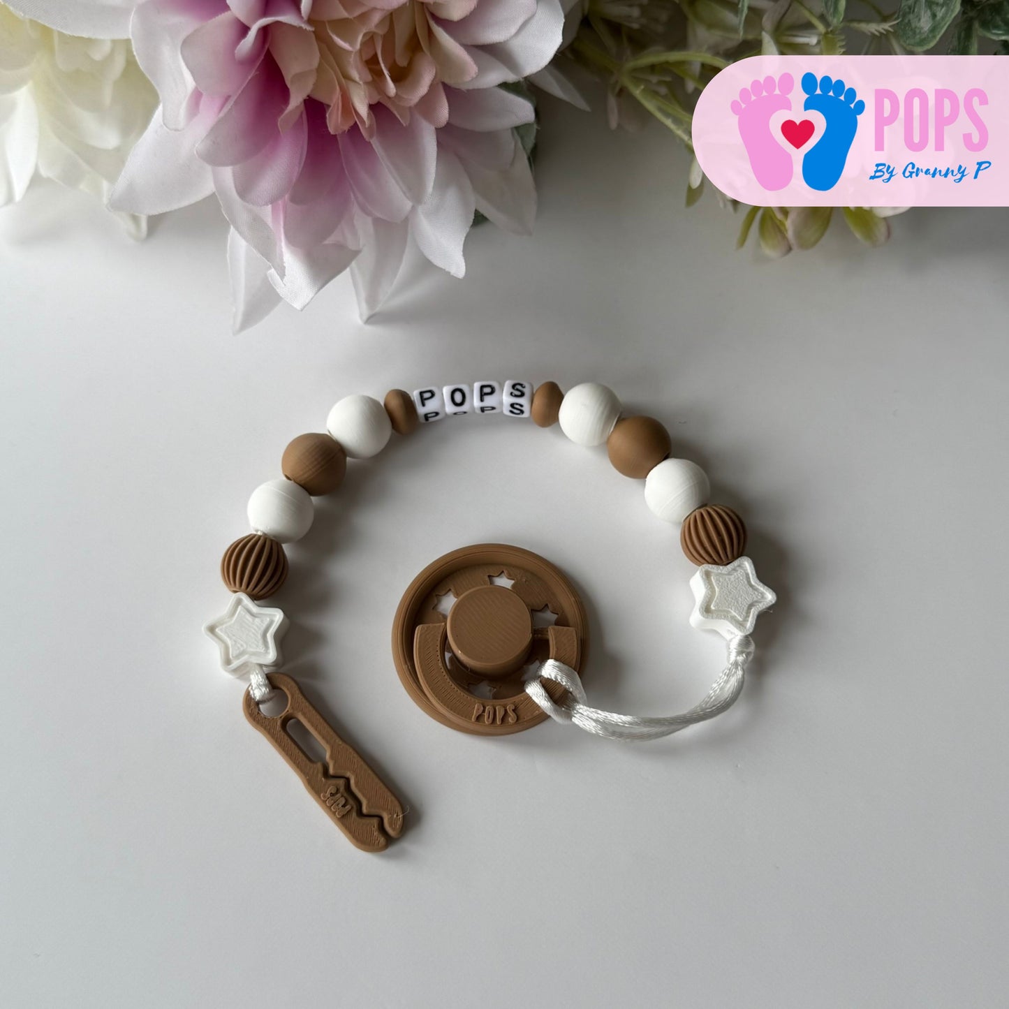 POPS Dummy Clip - Cappuccino & White Stars & Lanterns - Can be personalised