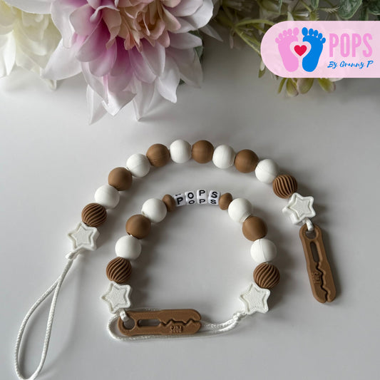 POPS Dummy Clip - Cappuccino & White Stars & Swirls - Can be personalised