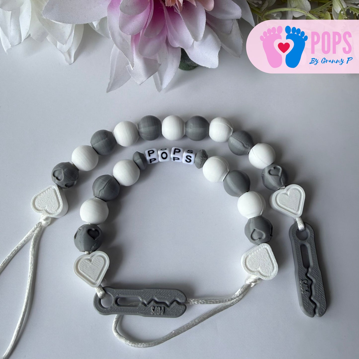 POPS Dummy Clip - White & Grey Hearts & Hearts - Can be personalised