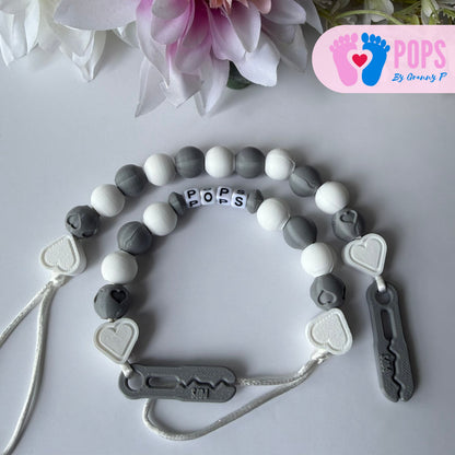 POPS Dummy Clip - White & Grey Hearts & Hearts - Can be personalised