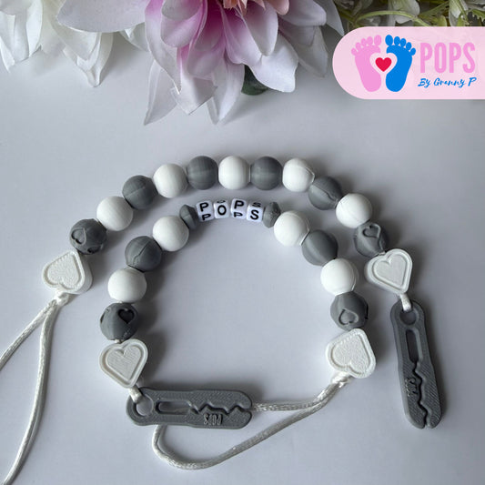 POPS Dummy Clip - White & Grey Hearts & Hearts - Can be personalised
