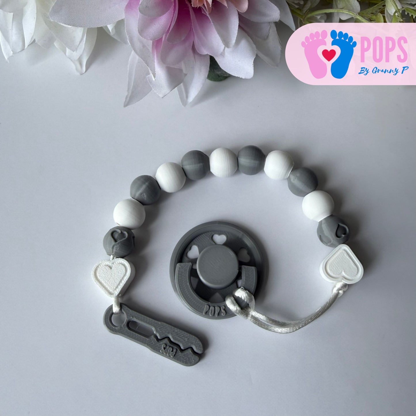 POPS Dummy Clip - White & Grey Hearts & Hearts - Can be personalised