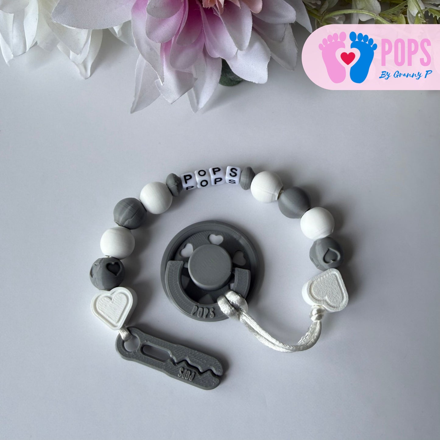 POPS Dummy Clip - White & Grey Hearts & Hearts - Can be personalised