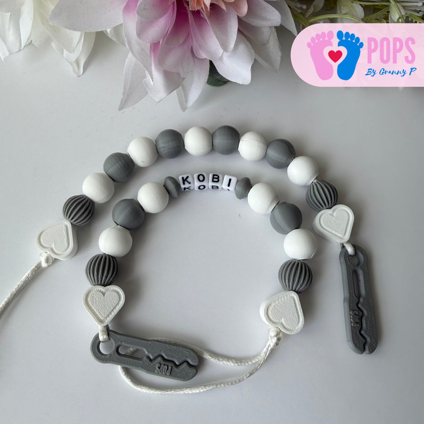 POPS Dummy Clip - White & Grey Hearts & Lanterns - Can be personalised