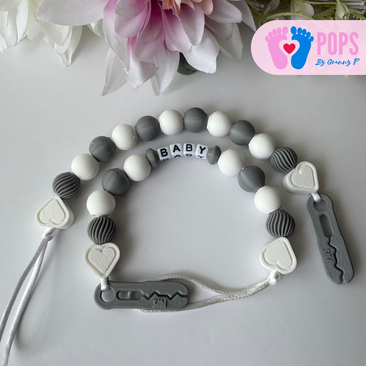 POPS Dummy Clip - White & Grey Hearts & Swirls - Can be personalised