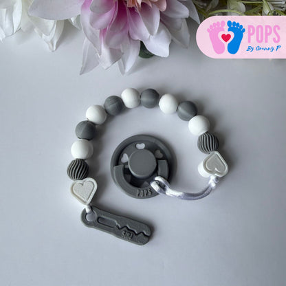 POPS Dummy Clip - White & Grey Hearts & Swirls - Can be personalised