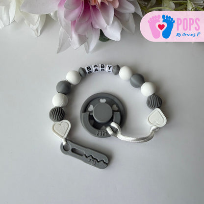 POPS Dummy Clip - White & Grey Hearts & Swirls - Can be personalised