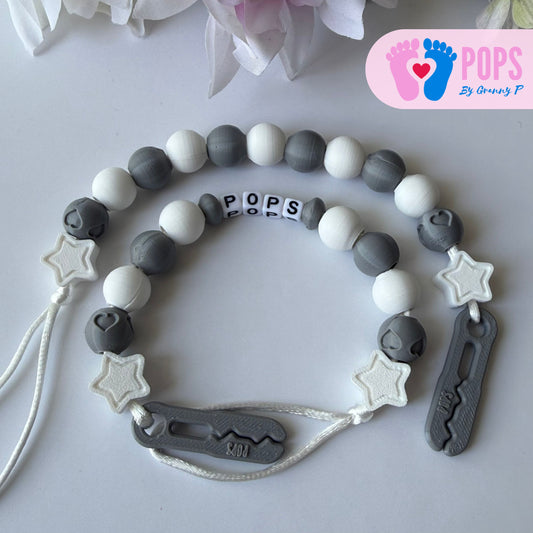 POPS Dummy Clip - Grey & White Stars & Hearts - Can be personalised