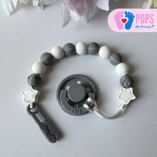POPS Dummy Clip - Grey & White Stars & Hearts - Can be personalised