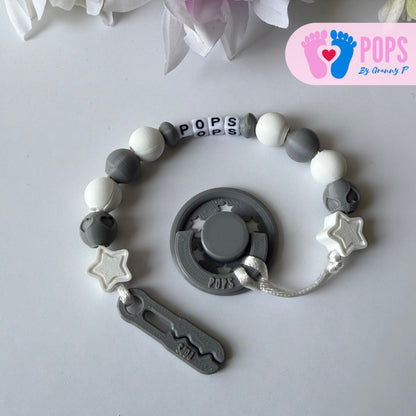 POPS Dummy Clip - Grey & White Stars & Hearts - Can be personalised