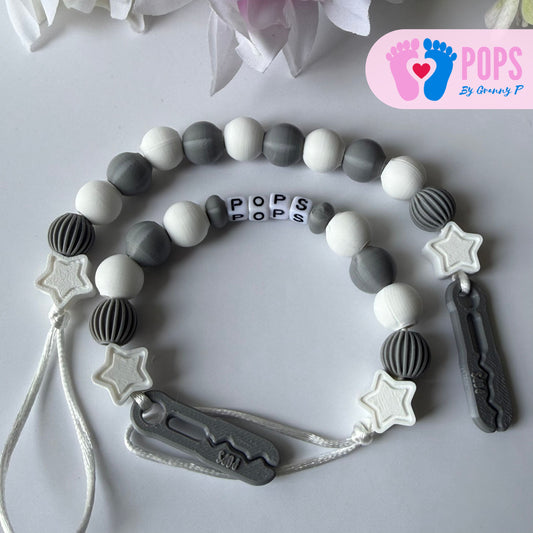 POPS Dummy Clip - Grey & White Stars & Lanterns - Can be personalised