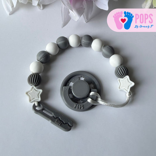 POPS Dummy Clip - Grey & White Stars & Lanterns - Can be personalised