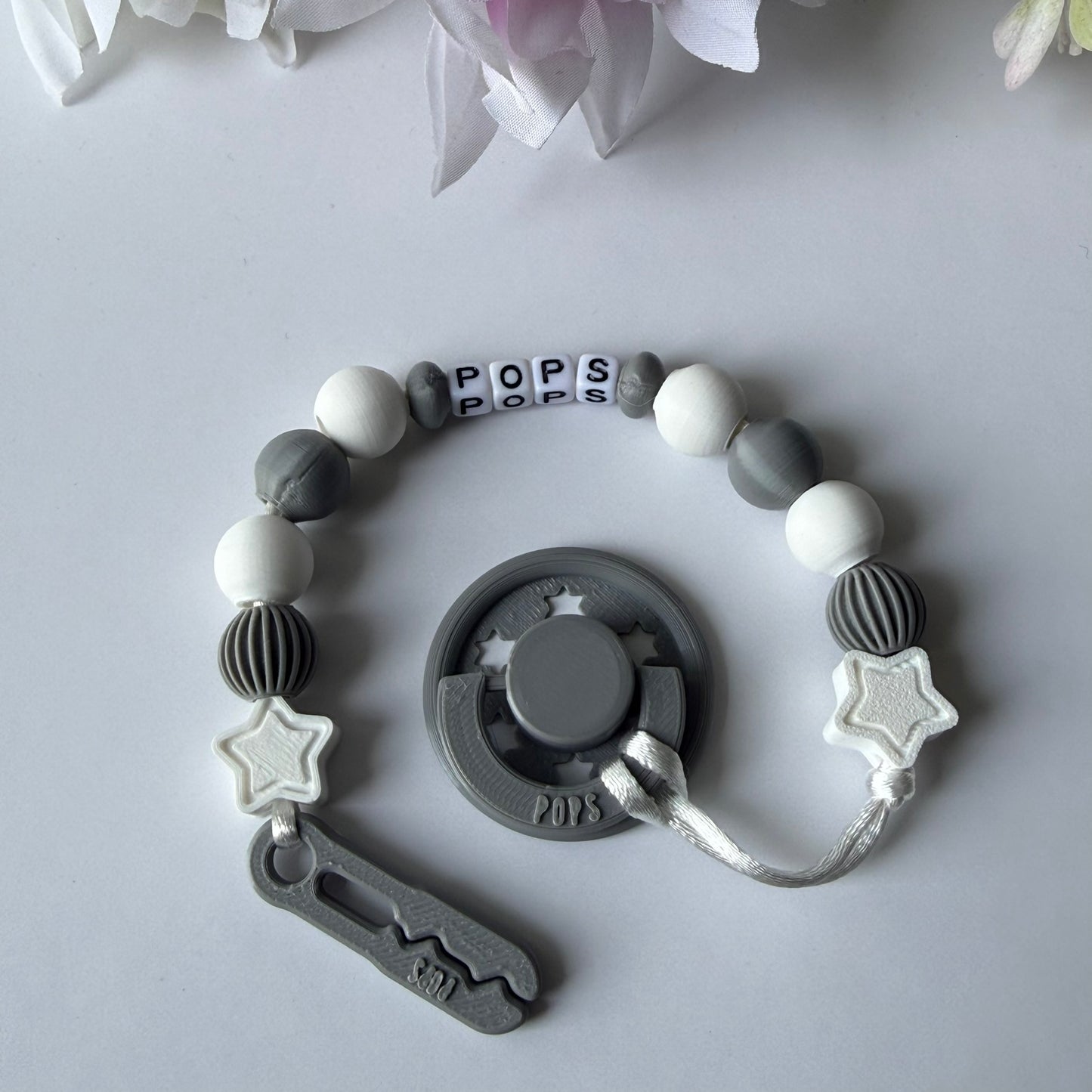 POPS Dummy Clip - Grey & White Stars & Lanterns - Can be personalised