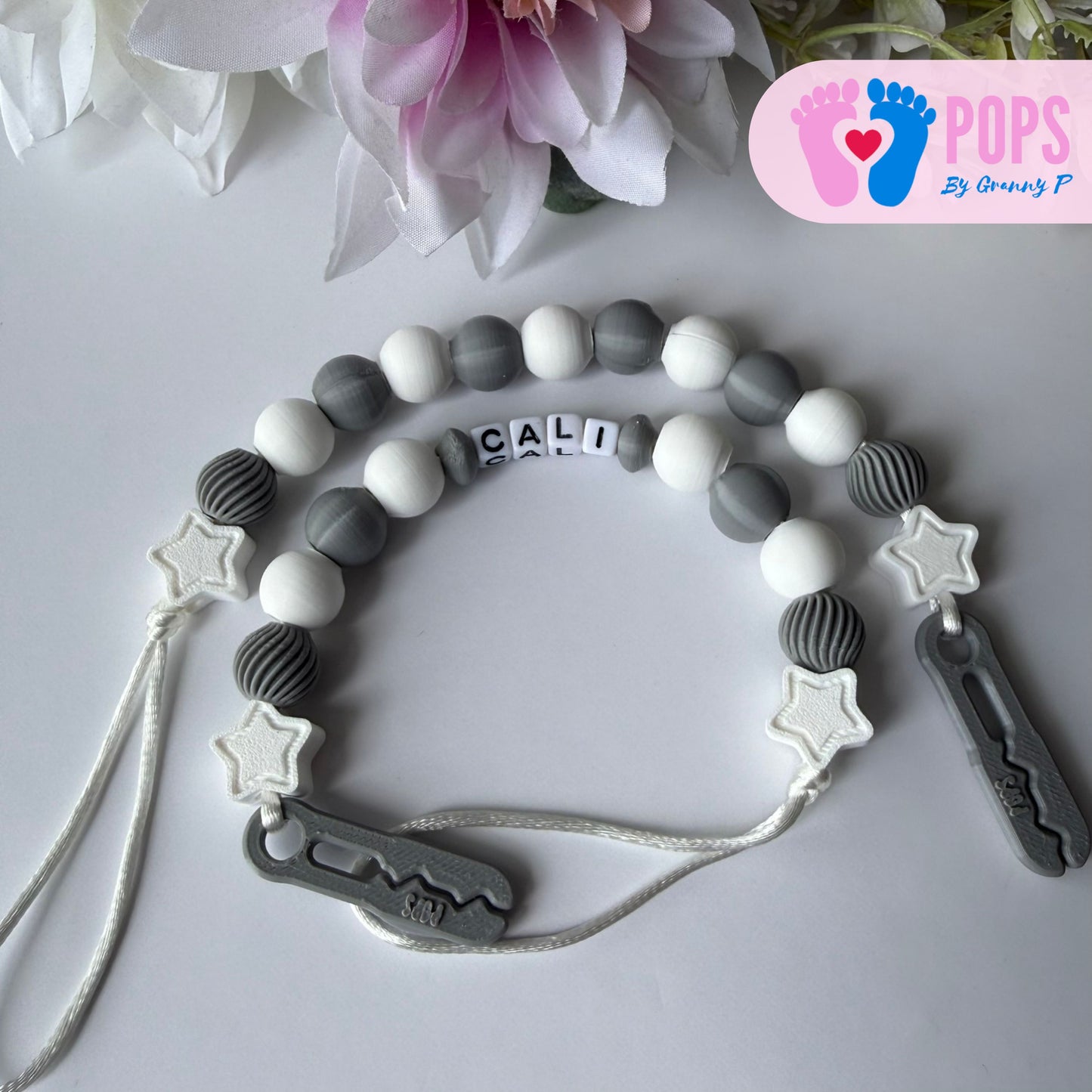 POPS Dummy Clip - White & Grey Stars & Swirls - Can be personalised