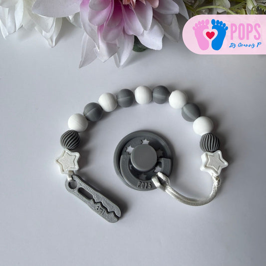 POPS Dummy Clip - White & Grey Stars & Swirls - Can be personalised