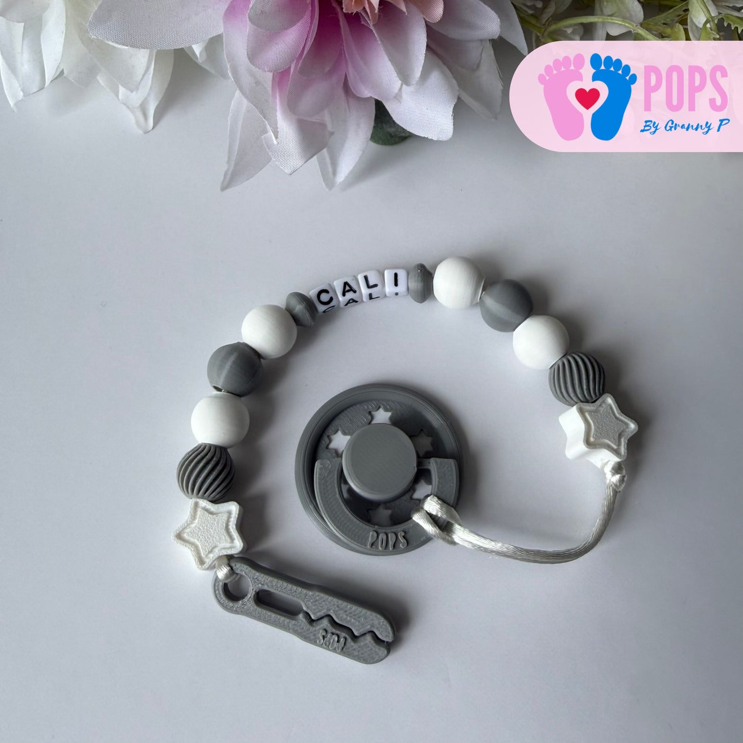 POPS Dummy Clip - White & Grey Stars & Swirls - Can be personalised