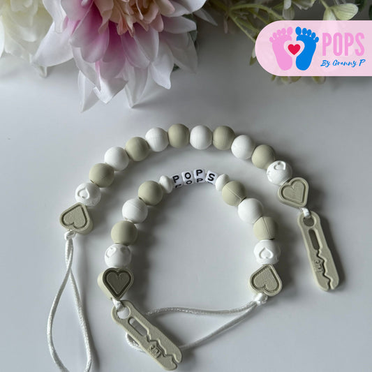 POPS Dummy Clip - Khaki & White Hearts & Hearts - Can be personalised