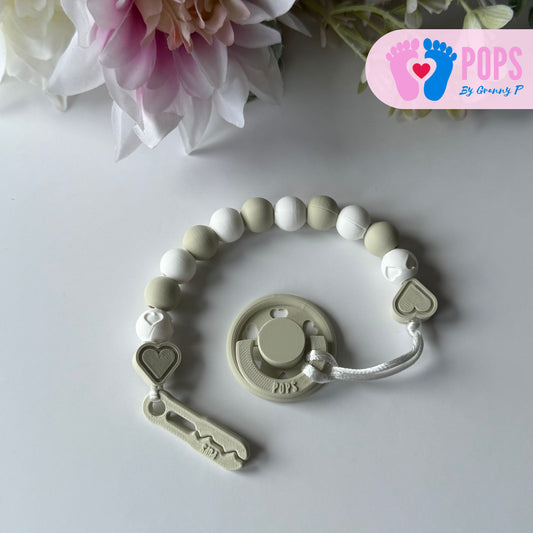 POPS Dummy Clip - Khaki & White Hearts & Hearts - Can be personalised