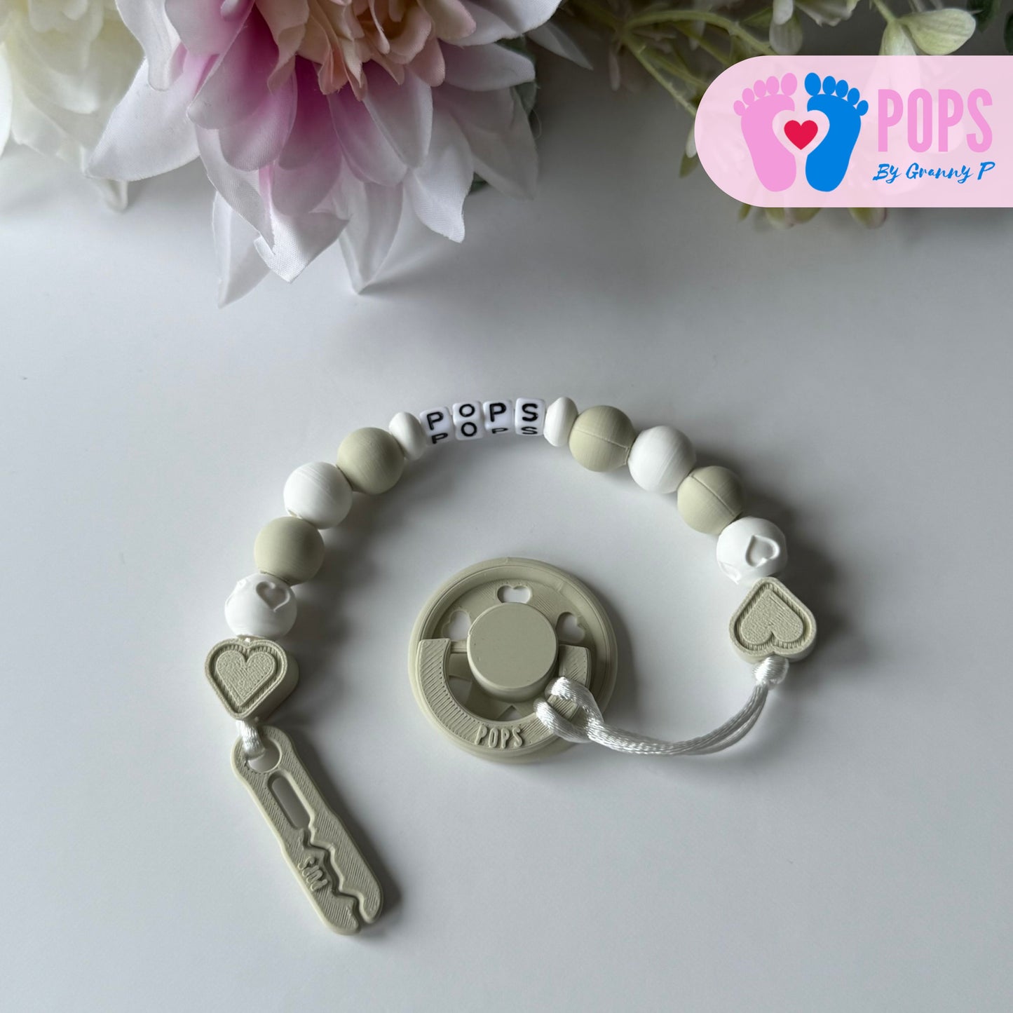 POPS Dummy Clip - Khaki & White Hearts & Hearts - Can be personalised
