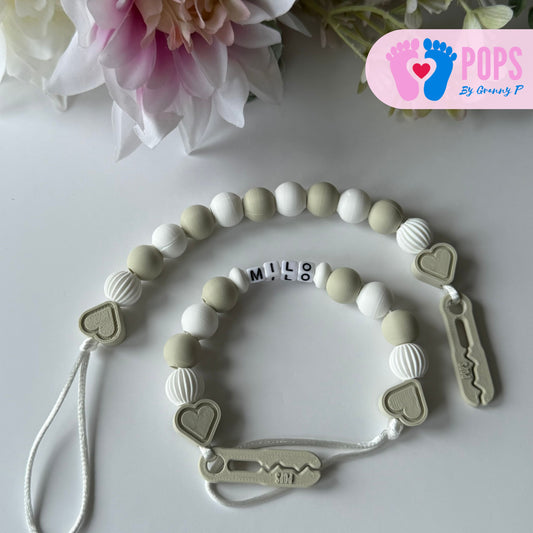 POPS Dummy Clip - Khaki & White Hearts & Lanterns - Can be personalised