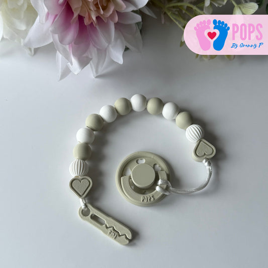 POPS Dummy Clip - Khaki & White Hearts & Lanterns - Can be personalised