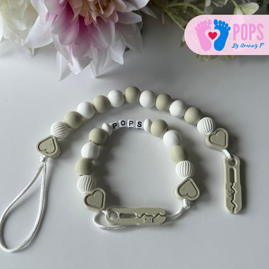 POPS Dummy Clip - Khaki & White Hearts & Swirls - Can be personalised