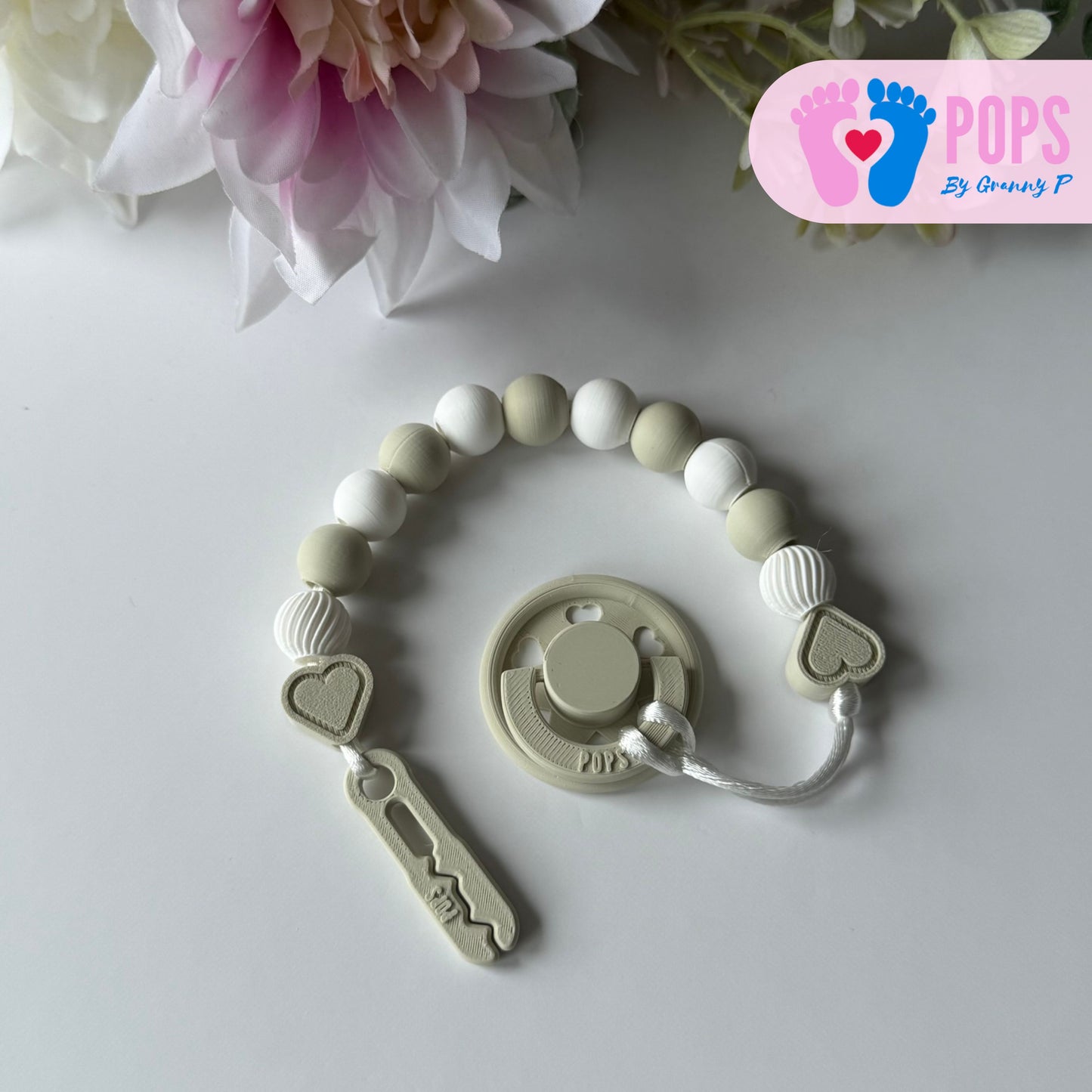 POPS Dummy Clip - Khaki & White Hearts & Swirls - Can be personalised