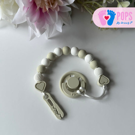 POPS Dummy Clip - Khaki & White Hearts & Swirls - Can be personalised
