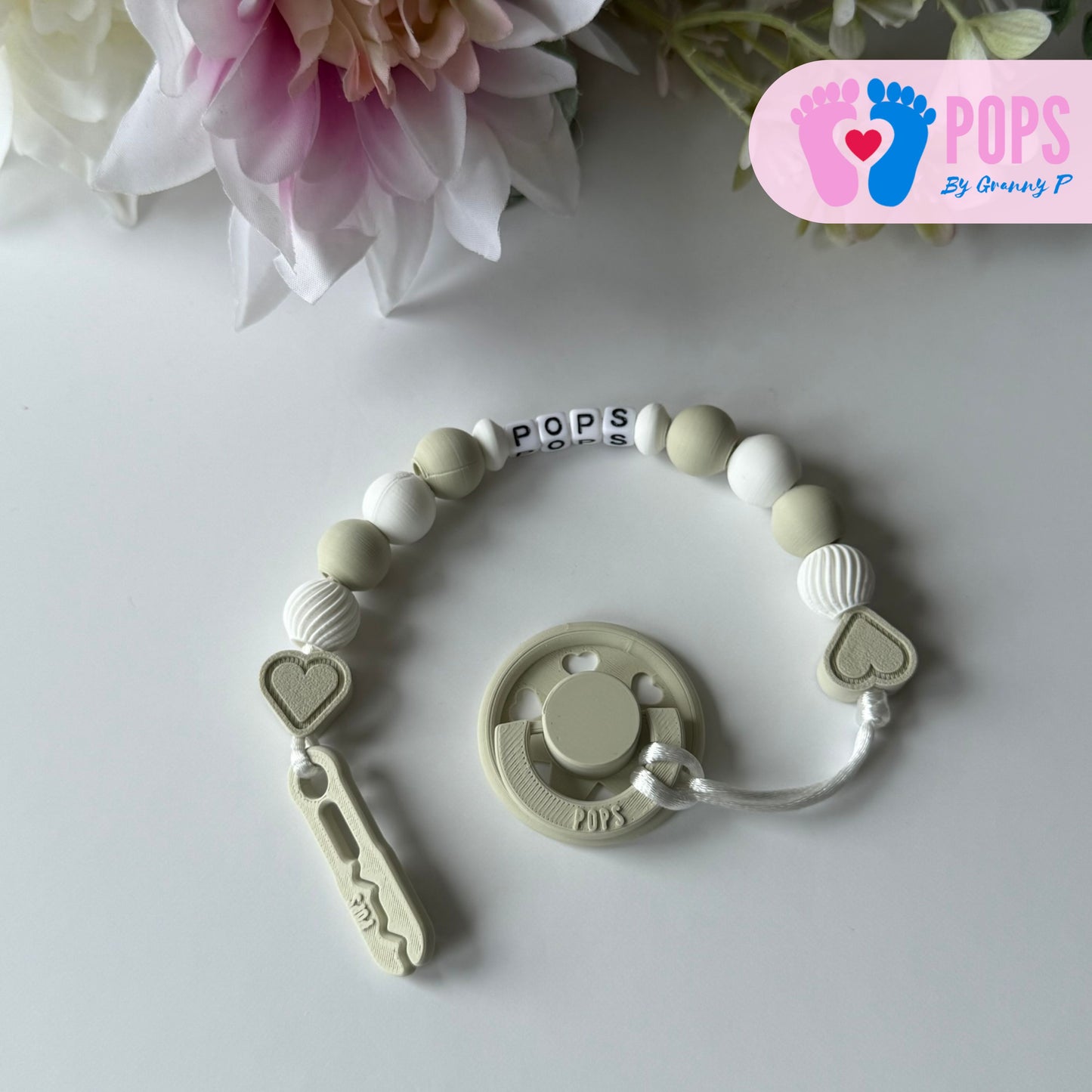 POPS Dummy Clip - Khaki & White Hearts & Swirls - Can be personalised