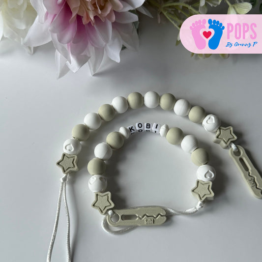 POPS Dummy Clip - Khaki & White Stars & Hearts - Can be personalised