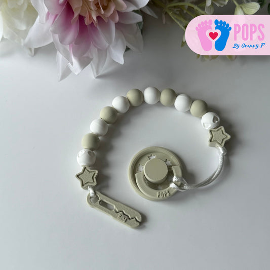 POPS Dummy Clip - Khaki & White Stars & Hearts - Can be personalised