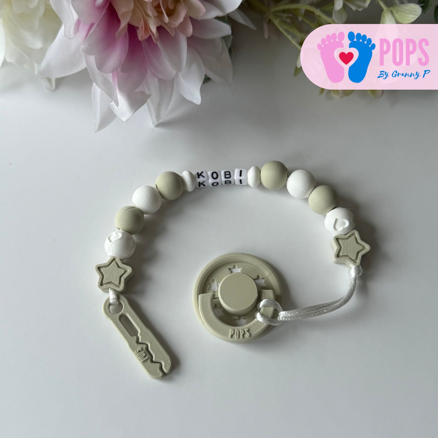 POPS Dummy Clip - Khaki & White Stars & Hearts - Can be personalised