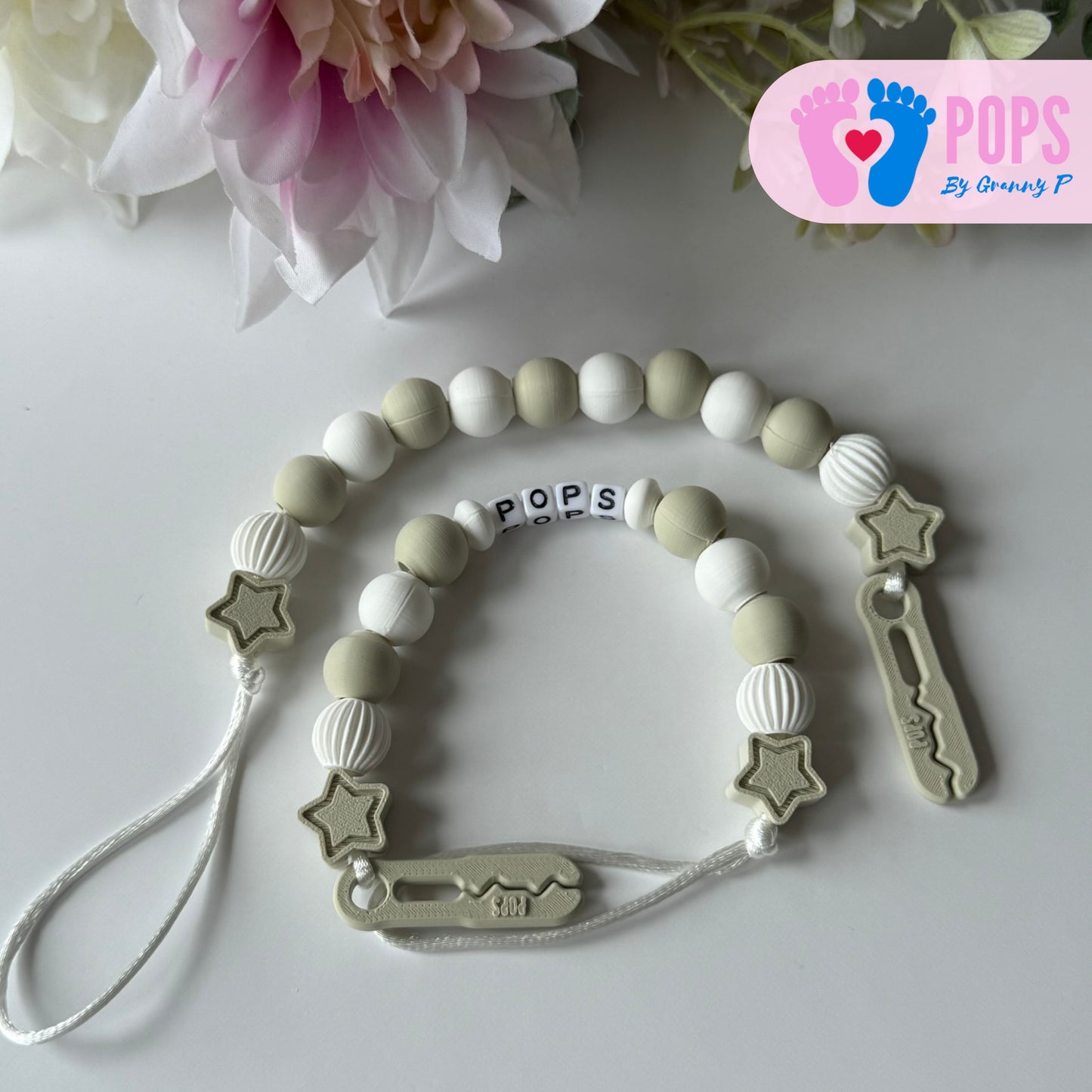 POPS Dummy Clip - Khaki & White Stars & Lanterns - Can be personalised