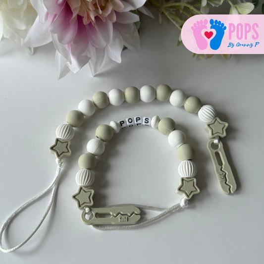 POPS Dummy Clip - Khaki & White Stars & Lanterns - Can be personalised