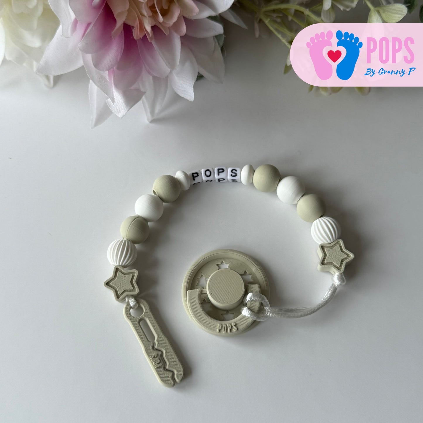 POPS Dummy Clip - Khaki & White Stars & Lanterns - Can be personalised
