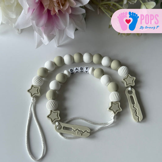 POPS Dummy Clip - Khaki & White Stars & Swirls - Can be personalised