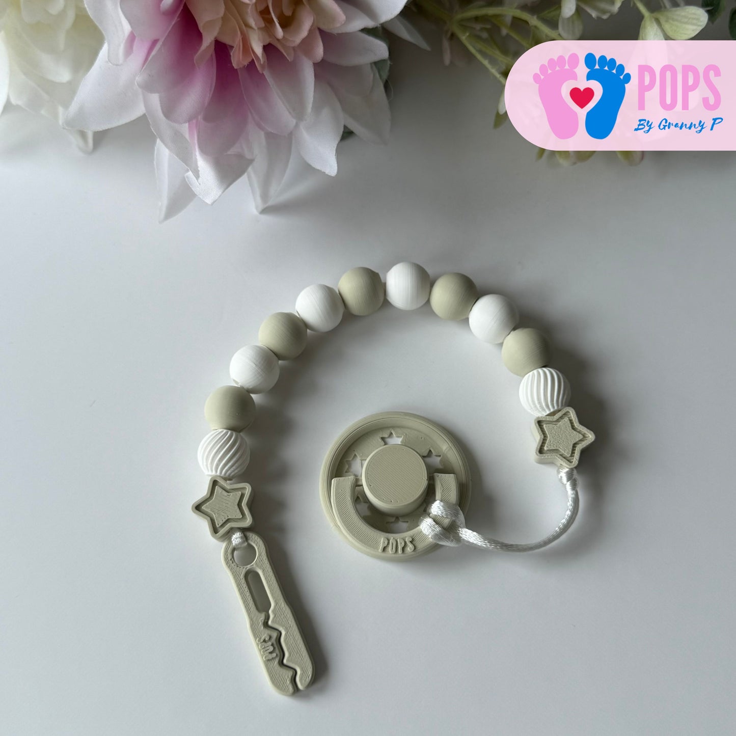 POPS Dummy Clip - Khaki & White Stars & Swirls - Can be personalised