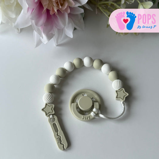 POPS Dummy Clip - Khaki & White Stars & Swirls - Can be personalised
