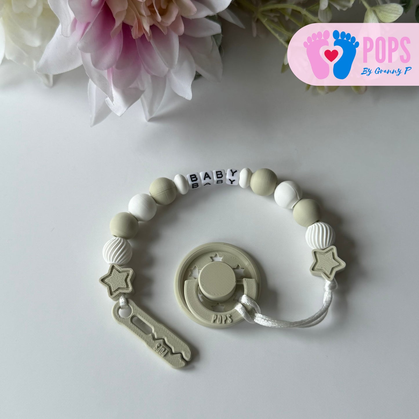 POPS Dummy Clip - Khaki & White Stars & Swirls - Can be personalised