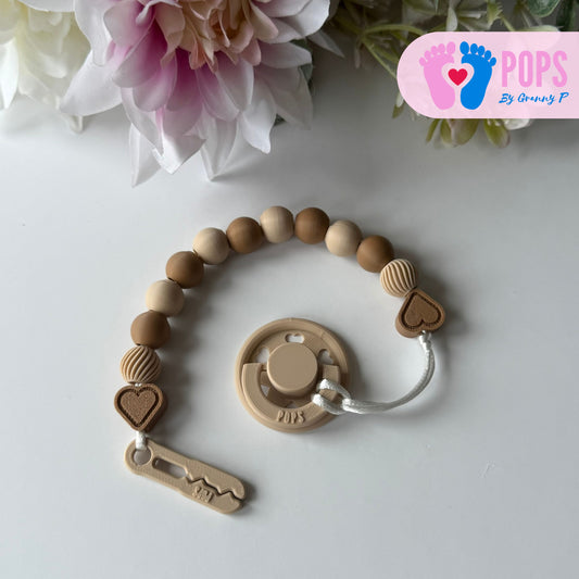 POPS Dummy Clip - Latte & Cappuccino Hearts & Swirls - Can be personalised