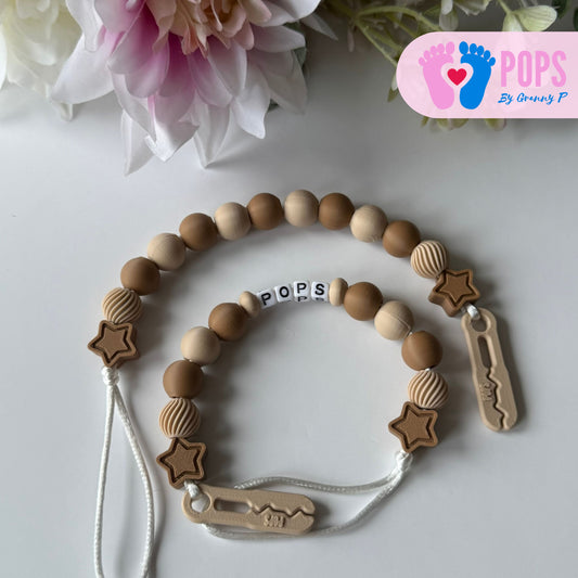 POPS Dummy Clip - Latte & Cappuccino Stars & Swirls - Can be personalised