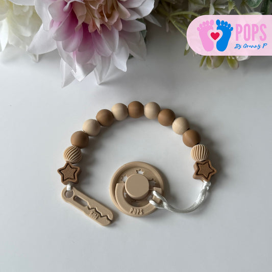 POPS Dummy Clip - Latte & Cappuccino Stars & Swirls - Can be personalised