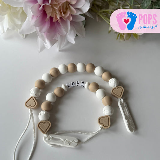 POPS Dummy Clip - Latte & White Hearts & Hearts - Can be personalised