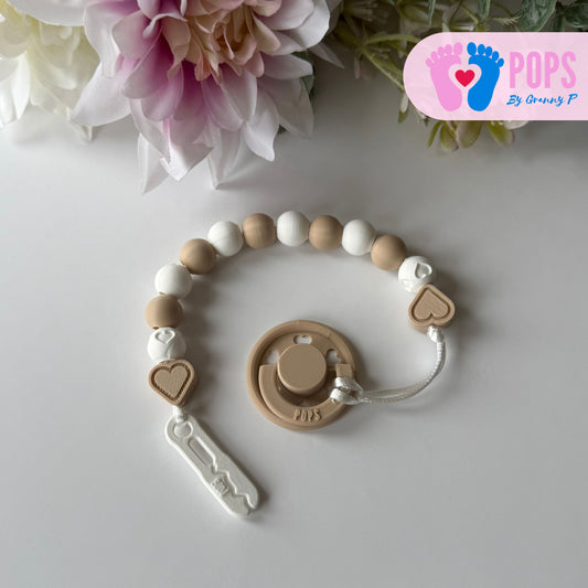 POPS Dummy Clip - Latte & White Hearts & Hearts - Can be personalised