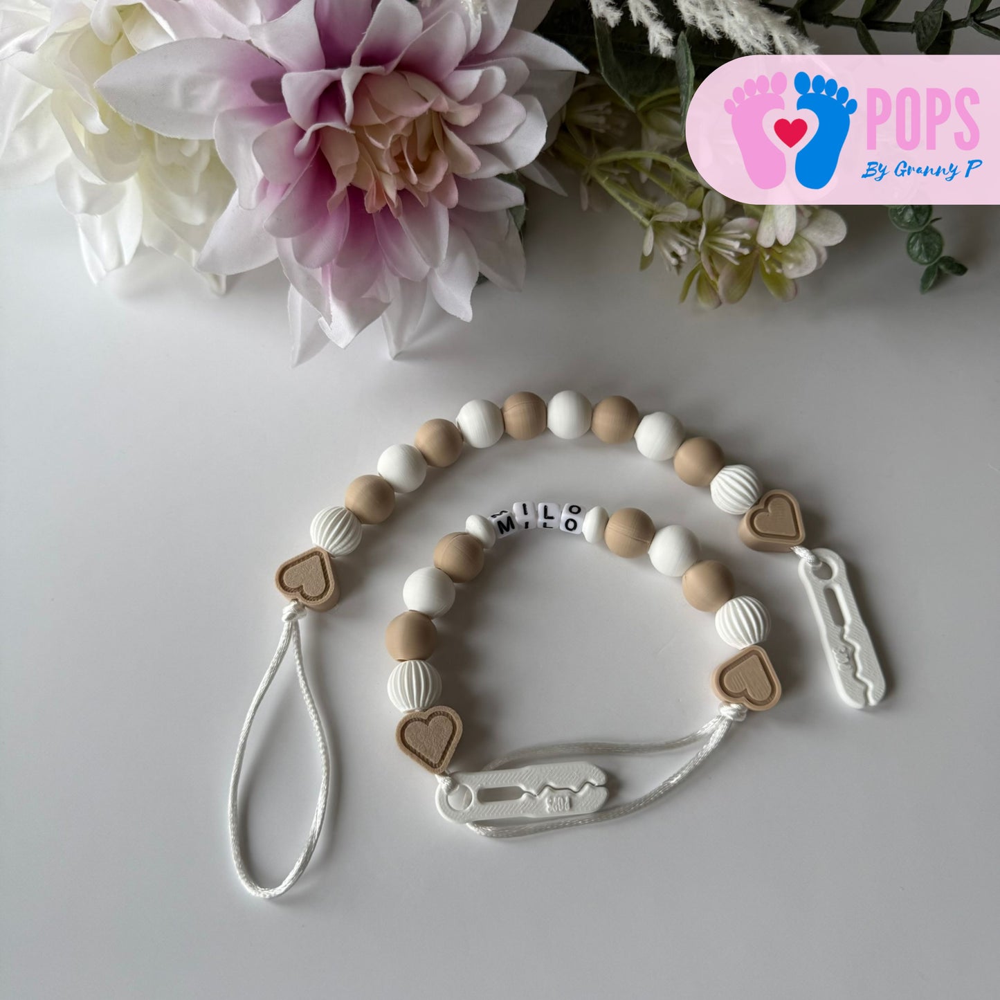 POPS Dummy Clip - Latte & White Hearts & Lanterns - Can be personalised