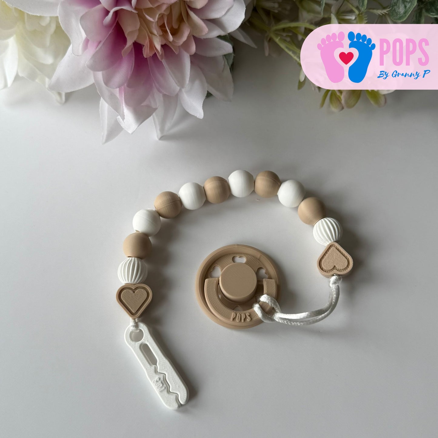POPS Dummy Clip - Latte & White Hearts & Lanterns - Can be personalised